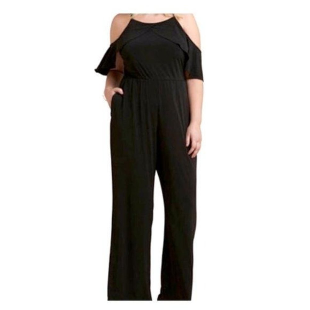 Beige by ECI Ruffle Cold Shoulder Black Jersey Knit Jumpsuit - Picture 1 of 12